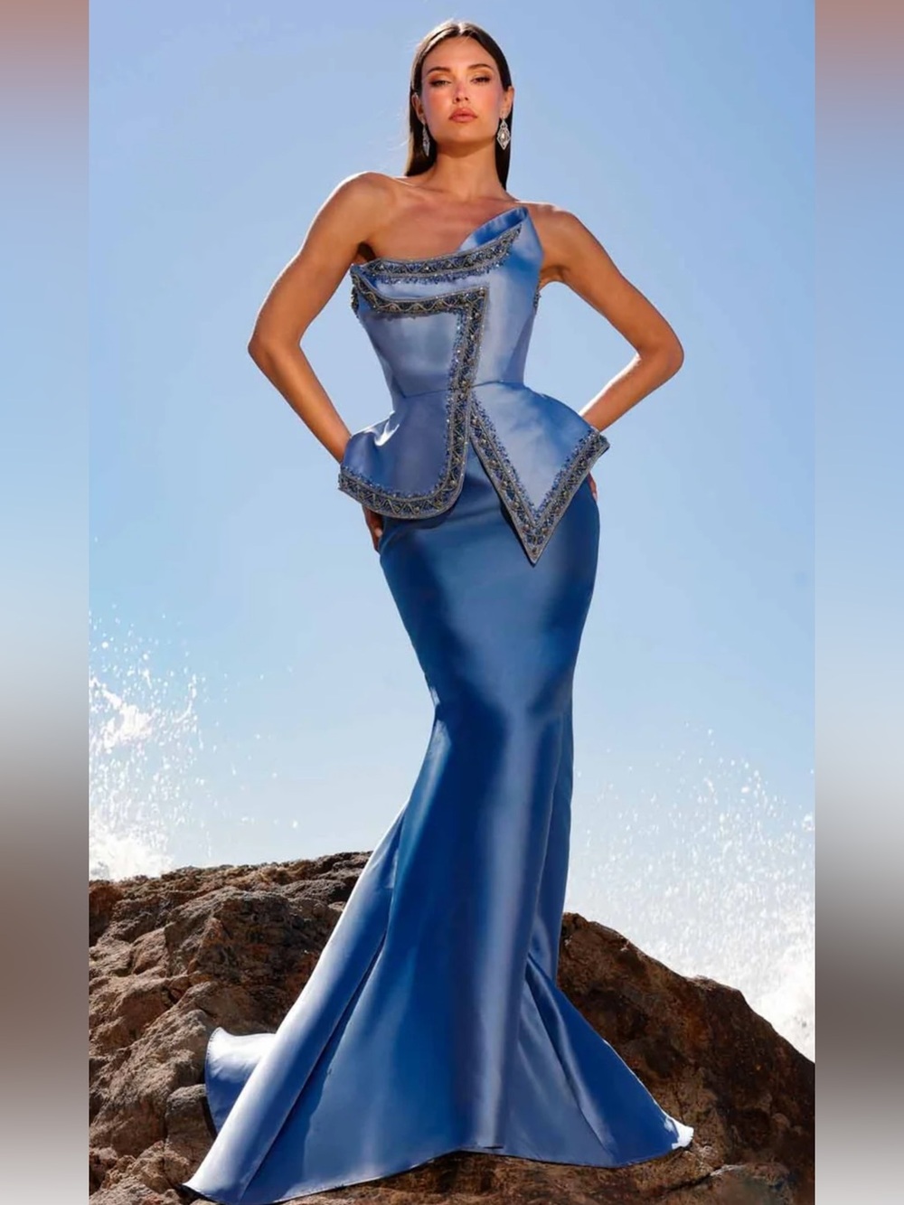 Terani Couture  Blue gorgeous Satin Mermaid Gown with Embellished Peplum